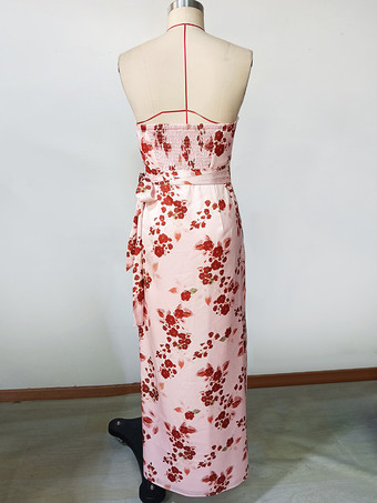 ハイスリット入りフローラルプリントノースリーブマキシパーティードレス 2025