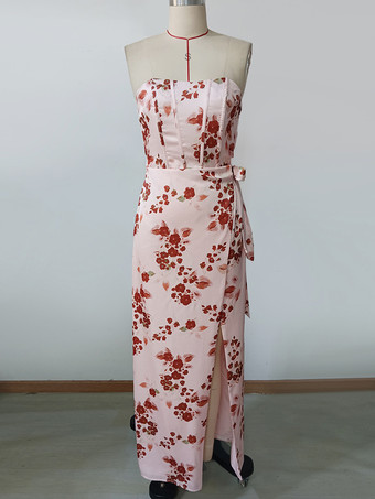 ハイスリット入りフローラルプリントノースリーブマキシパーティードレス 2025