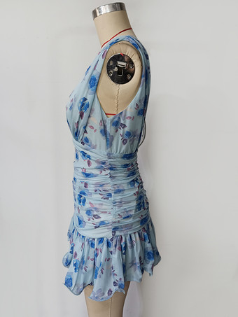 花柄プリントのノースリーブプリーツミニドレス（Vネック、裾フリル付き）2025