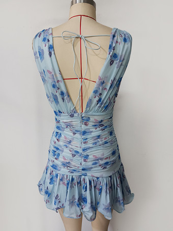 花柄プリントのノースリーブプリーツミニドレス（Vネック、裾フリル付き）2025