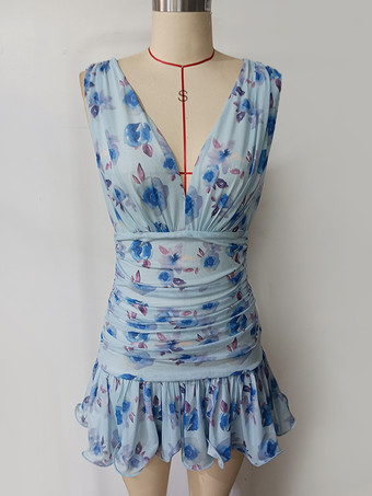 花柄プリントのノースリーブプリーツミニドレス（Vネック、裾フリル付き）2025