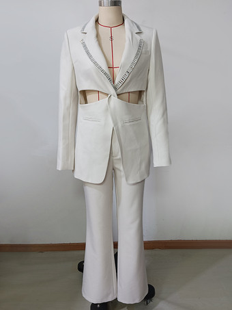 カットアウトウエストとラインストーン装飾が施されたホワイトモダンスーツ2ピースコーデセット2025