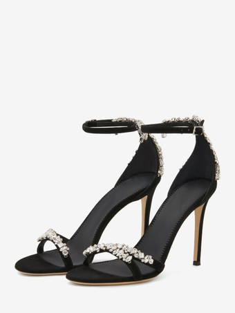 ブラック スエードブラックハイヒールサンダルオープントゥラインストーンスティレットヒールパーティーシューズ