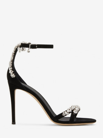 スエードブラックハイヒールサンダルオープントゥラインストーンスティレットヒールパーティーシューズ