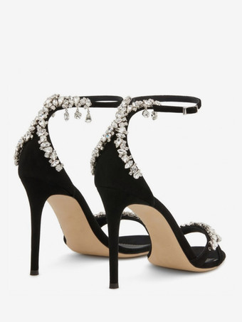 スエードブラックハイヒールサンダルオープントゥラインストーンスティレットヒールパーティーシューズ