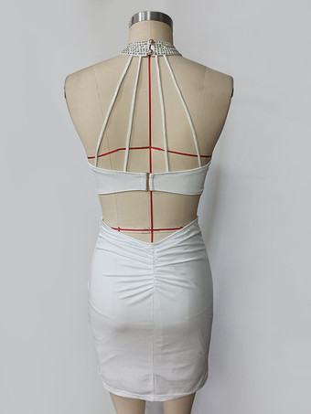 クラブ2025向けラインストーン装飾付きホルターネックミニボディコンドレス