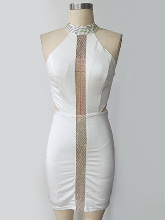 クラブ2025向けラインストーン装飾付きホルターネックミニボディコンドレス