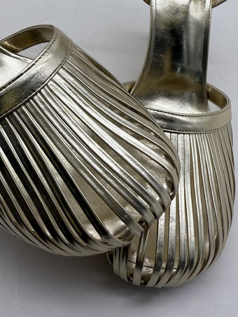 ゴールドハイヒールサンダル ラウンドトゥ カットアウト スティレットヒール パーティーシューズ