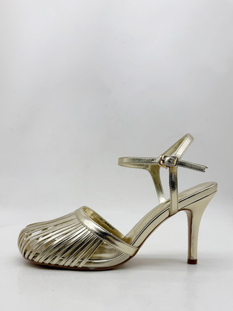 ゴールドハイヒールサンダル ラウンドトゥ カットアウト スティレットヒール パーティーシューズ