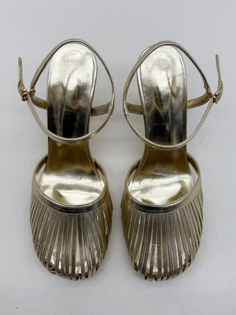 ゴールドハイヒールサンダル ラウンドトゥ カットアウト スティレットヒール パーティーシューズ