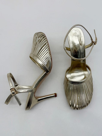 ゴールドハイヒールサンダル ラウンドトゥ カットアウト スティレットヒール パーティーシューズ