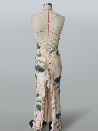 オープンバック＆バックスリット入りプリントVネックマーメイドマキシドレス 2025