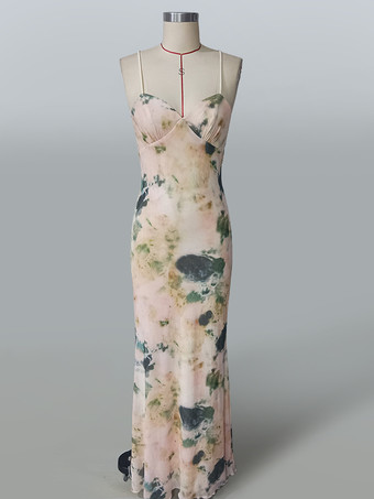 オープンバック＆バックスリット入りプリントVネックマーメイドマキシドレス 2025