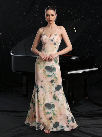 アプリコットオープンバック＆バックスリット入りプリントVネックマーメイドマキシドレス 2025