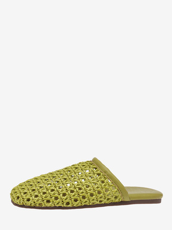 グラスグリーンレディース サマーミュール ラウンドトゥ カットアウト フラットミュールシューズ