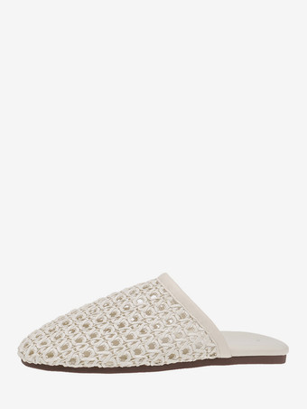 ホワイト レディース サマーミュール ラウンドトゥ カットアウト フラットミュールシューズ