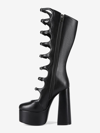 ブラックニーハイブーツ プラスサイズ プラットフォーム ラウンドトゥ バックルディテール チャンキーヒールブーツ