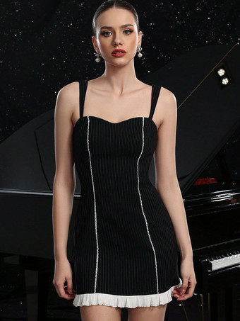 ブラック 2025年夏にぴったりのブラックストライプボディコンミニスリップドレス