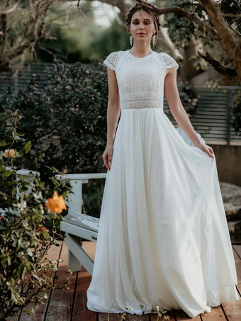 アイボリーシンプルなウェディングドレス シフォン ジュエルネック 半袖 カットアウト ショート丈 30cm ブライダルガウン