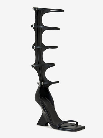 ブラックグラディエーターサンダル オープントゥ バックルディテール ストラップデザイン ウェッジヒールサンダルシューズ