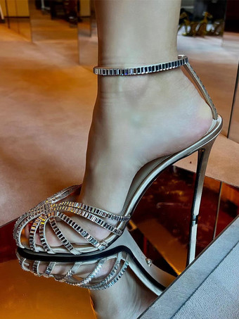 レディース ハイヒール サンダル メタリック ラウンドトゥ スティレットヒール パーティーシューズ