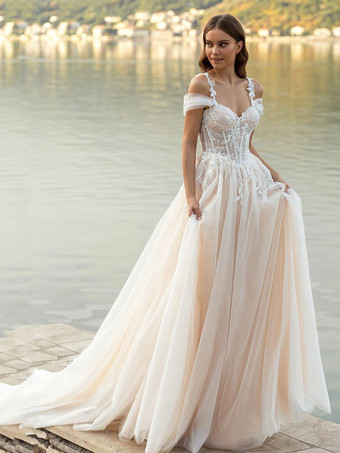 Wedding Dress With Train A-Line Short Sleeves Lace V-Neck Bridal Dresses