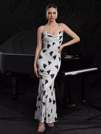 Heart Print Maxi Bodycon Dress With Thin Straps 2026