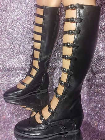 ブラック ブラックサンダルブーツ ラウンドトゥ バックルディテール ストラップフラットブーツ