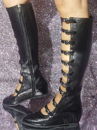 ブラックサンダルブーツ ラウンドトゥ バックルディテール ストラップフラットブーツ