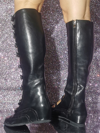 ブラックサンダルブーツ ラウンドトゥ バックルディテール ストラップフラットブーツ