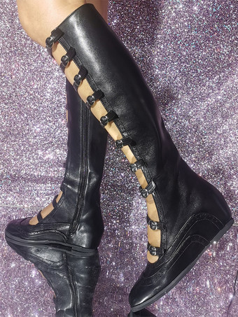 ブラックサンダルブーツ ラウンドトゥ バックルディテール ストラップフラットブーツ