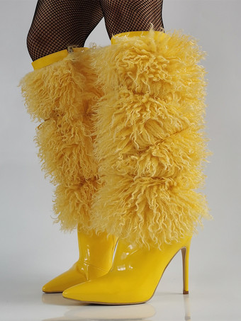 イエローイエローのニーハイブーツ フェイクファー ポインテッドトゥ ハイヒールブーツ