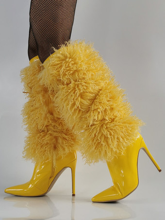 イエローのニーハイブーツ フェイクファー ポインテッドトゥ ハイヒールブーツ