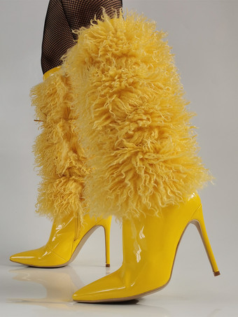 イエローのニーハイブーツ フェイクファー ポインテッドトゥ ハイヒールブーツ