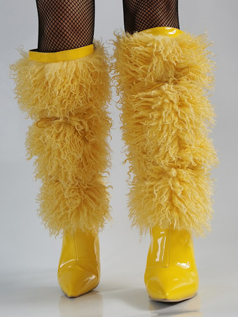 イエローのニーハイブーツ フェイクファー ポインテッドトゥ ハイヒールブーツ