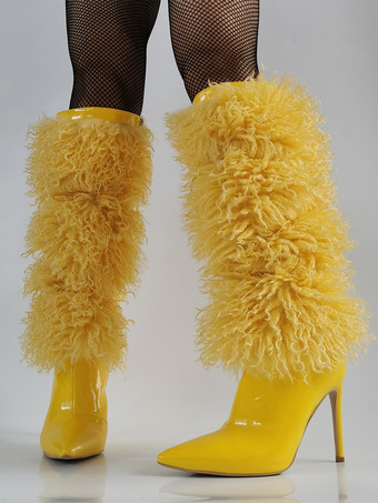 イエローのニーハイブーツ フェイクファー ポインテッドトゥ ハイヒールブーツ