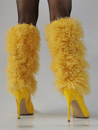 イエローのニーハイブーツ フェイクファー ポインテッドトゥ ハイヒールブーツ