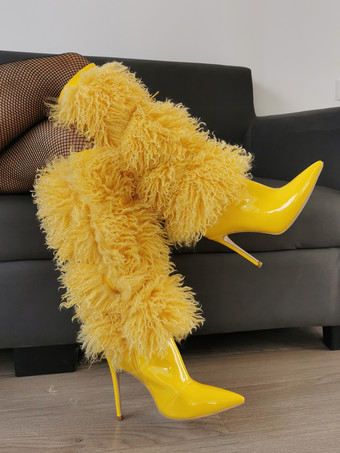イエローのニーハイブーツ フェイクファー ポインテッドトゥ ハイヒールブーツ