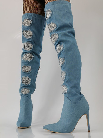 ライトスカイブルーハイヒール サイハイブーツ デニム ポインテッドトゥ レースディテール オーバーニーブーツ