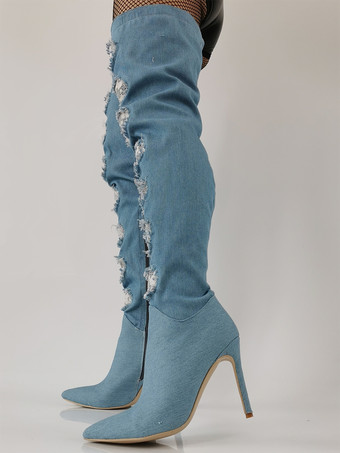 ハイヒール サイハイブーツ デニム ポインテッドトゥ レースディテール オーバーニーブーツ