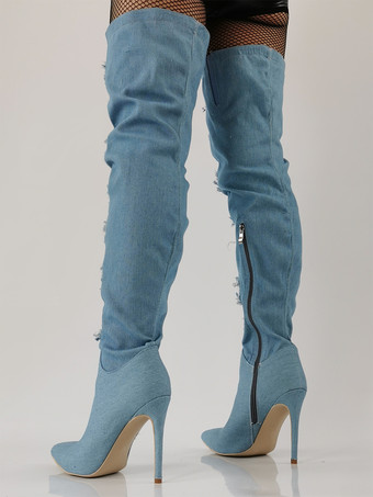 ハイヒール サイハイブーツ デニム ポインテッドトゥ レースディテール オーバーニーブーツ