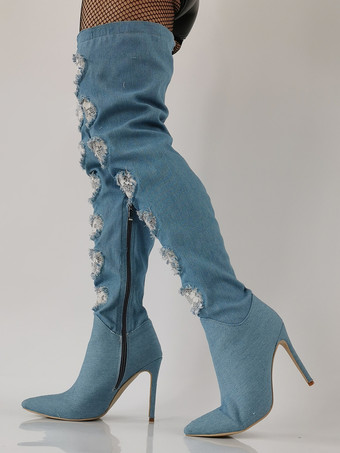 ハイヒール サイハイブーツ デニム ポインテッドトゥ レースディテール オーバーニーブーツ