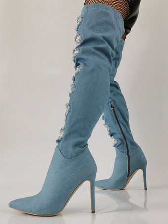 ハイヒール サイハイブーツ デニム ポインテッドトゥ レースディテール オーバーニーブーツ