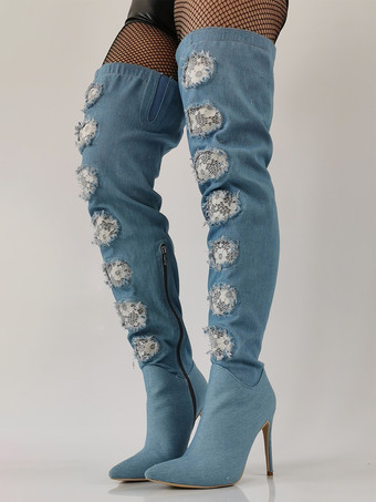 ハイヒール サイハイブーツ デニム ポインテッドトゥ レースディテール オーバーニーブーツ