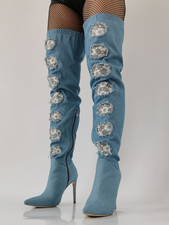 ハイヒール サイハイブーツ デニム ポインテッドトゥ レースディテール オーバーニーブーツ