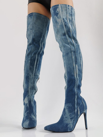 デニムサイハイブーツ、ブルーのポインテッドトゥ、ストライプ柄ハイヒール、オーバーニーブーツ