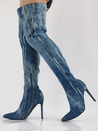 ライトスカイブルーデニムサイハイブーツ、ブルーのポインテッドトゥ、ストライプ柄ハイヒール、オーバーニーブーツ