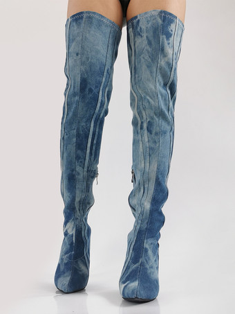 デニムサイハイブーツ、ブルーのポインテッドトゥ、ストライプ柄ハイヒール、オーバーニーブーツ