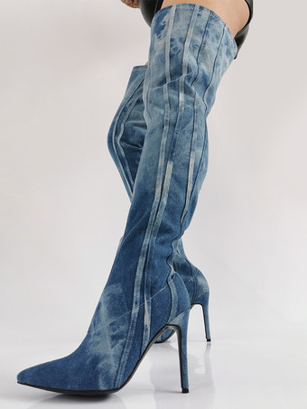 デニムサイハイブーツ、ブルーのポインテッドトゥ、ストライプ柄ハイヒール、オーバーニーブーツ