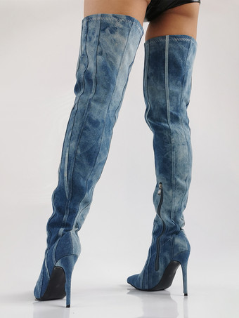 デニムサイハイブーツ、ブルーのポインテッドトゥ、ストライプ柄ハイヒール、オーバーニーブーツ